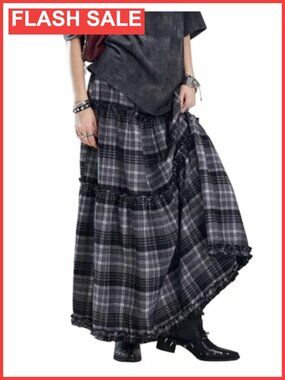 Grunge Gingham Plaid Tiered Maxi Skirt Ruffle A Line Long Skirt